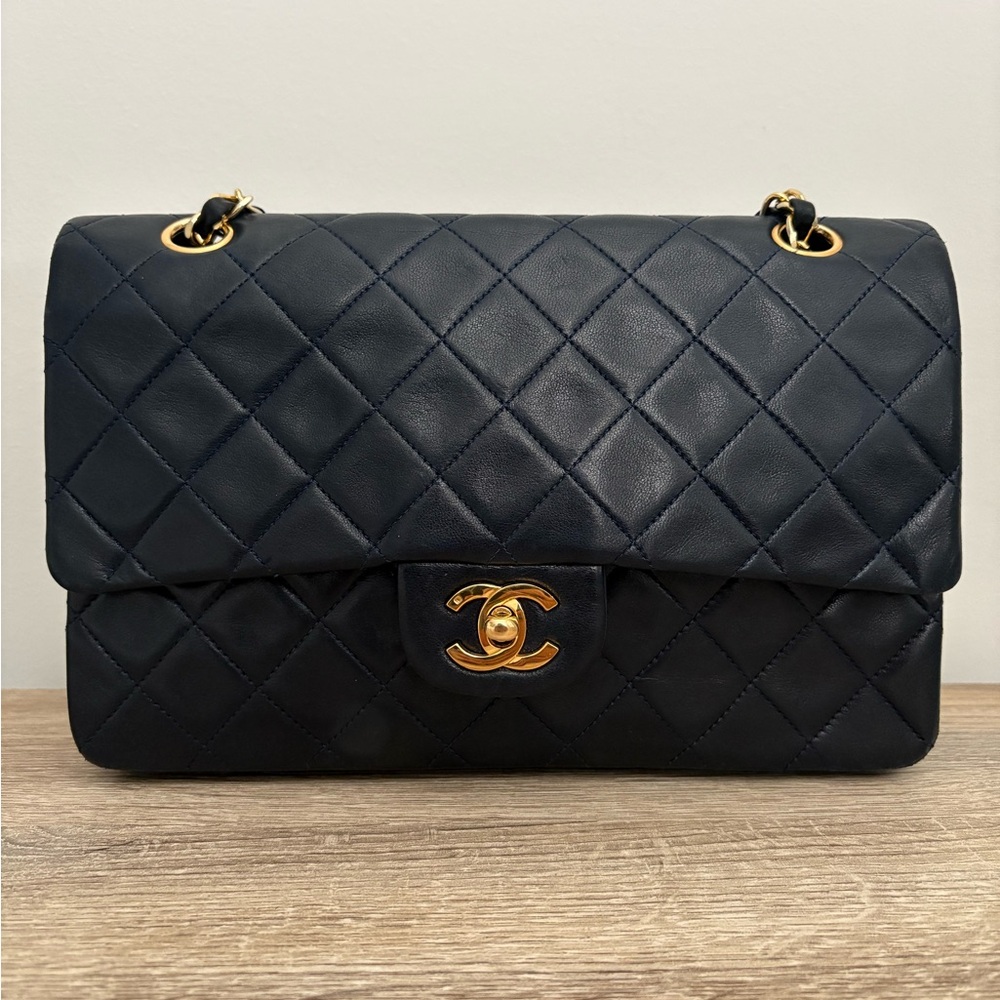 Vintage Navy Blue Medium Chanel Classic Double Flap Quilted Shoulder Bag